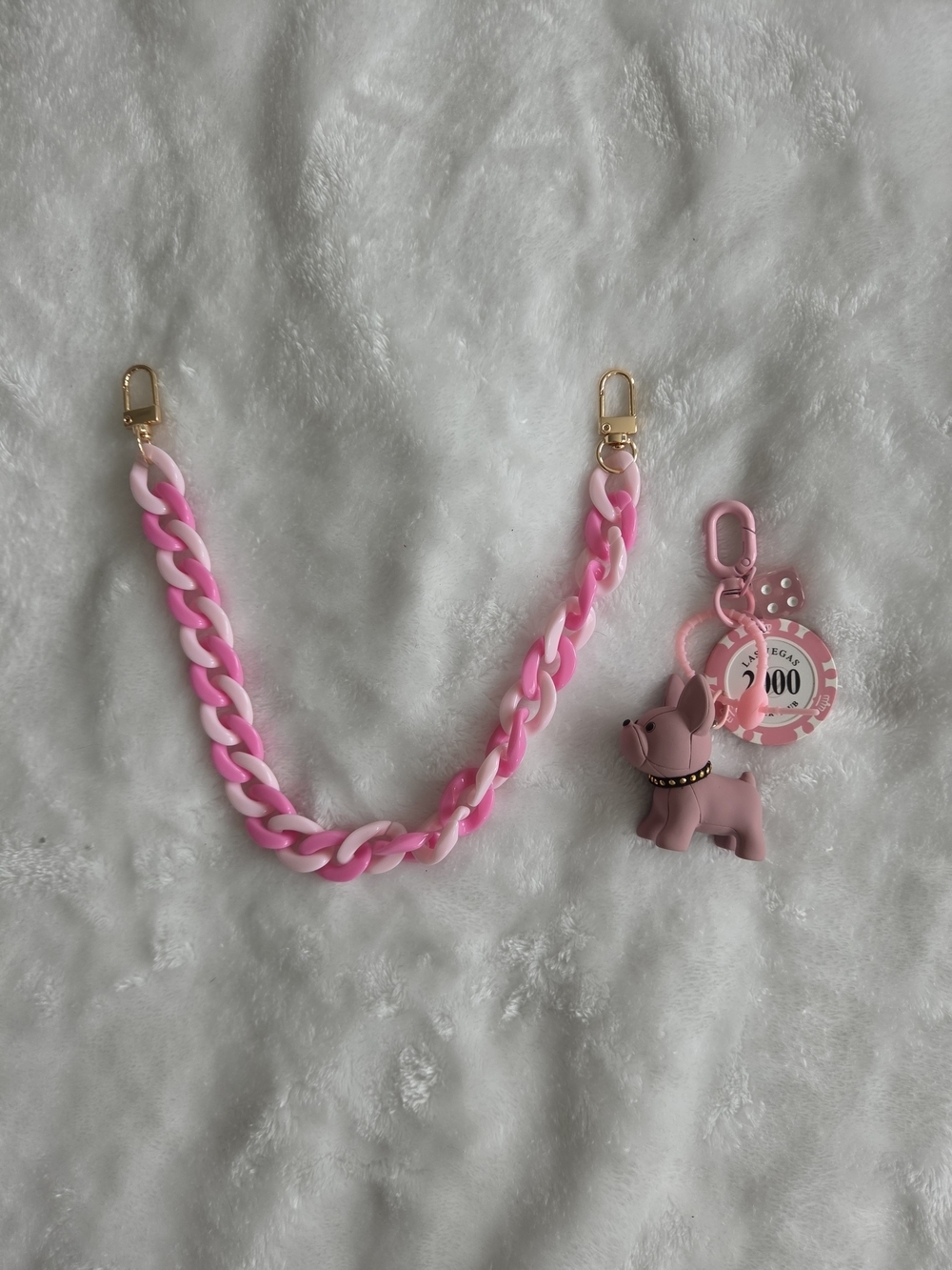 Pink Ombre Casino Bag Chain with Pink Dog Poker Chip With Dice Keychain